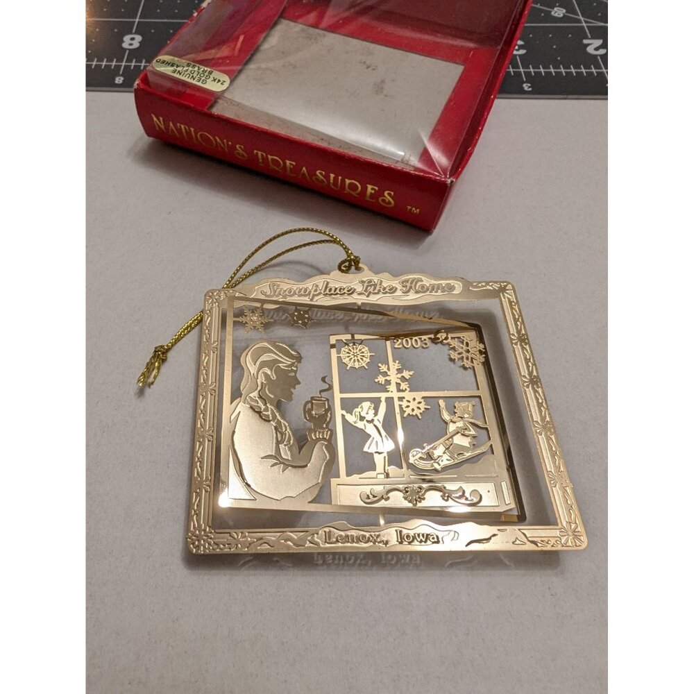 Nations Treasures 24k gold flash brass 2003 Snowplace like Home window ornament
